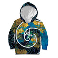 New Zealand Tui Bird Kid Hoodie Maori Koru With Kowhai Flowers