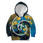 New Zealand Tui Bird Kid Hoodie Maori Koru With Kowhai Flowers