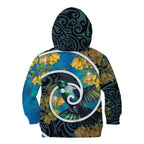 New Zealand Tui Bird Kid Hoodie Maori Koru With Kowhai Flowers