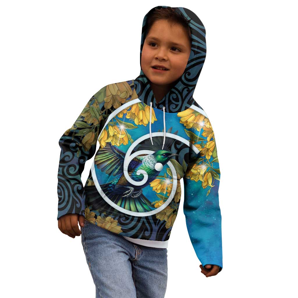 New Zealand Tui Bird Kid Hoodie Maori Koru With Kowhai Flowers
