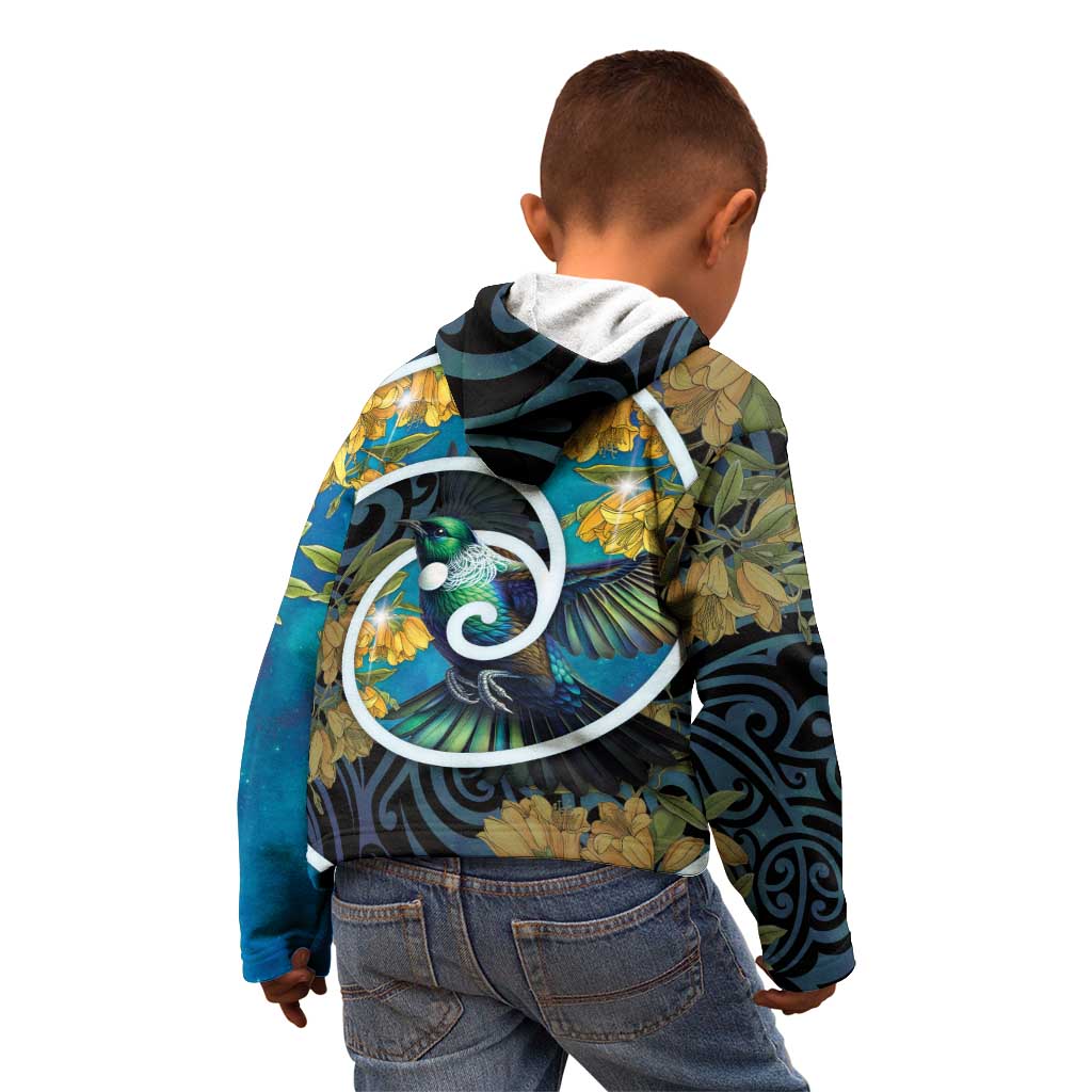 New Zealand Tui Bird Kid Hoodie Maori Koru With Kowhai Flowers