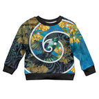 New Zealand Tui Bird Kid Ugly Christmas Sweater Maori Koru With Kowhai Flowers