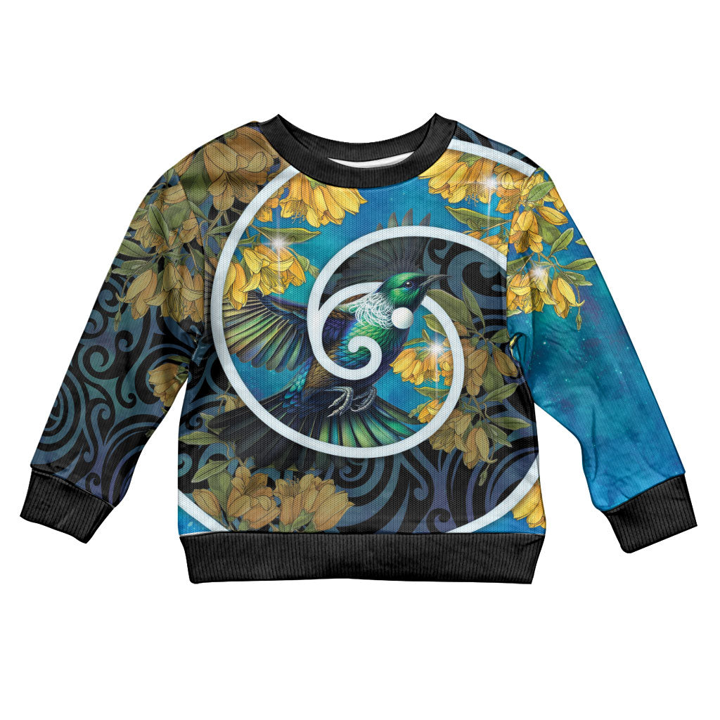 New Zealand Tui Bird Kid Ugly Christmas Sweater Maori Koru With Kowhai Flowers