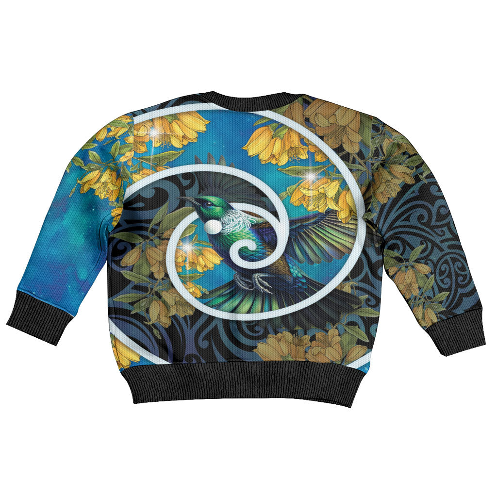 New Zealand Tui Bird Kid Ugly Christmas Sweater Maori Koru With Kowhai Flowers