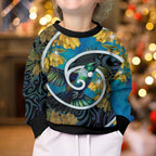 New Zealand Tui Bird Kid Ugly Christmas Sweater Maori Koru With Kowhai Flowers