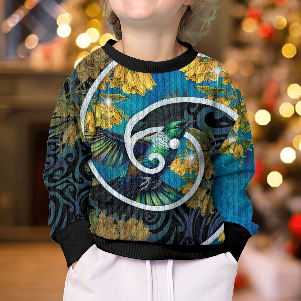 New Zealand Tui Bird Kid Ugly Christmas Sweater Maori Koru With Kowhai Flowers