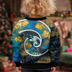 New Zealand Tui Bird Kid Ugly Christmas Sweater Maori Koru With Kowhai Flowers