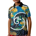 New Zealand Tui Bird Kid Polo Shirt Maori Koru With Kowhai Flowers