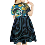 New Zealand Tui Bird Kid Short Sleeve Dress Maori Koru With Kowhai Flowers
