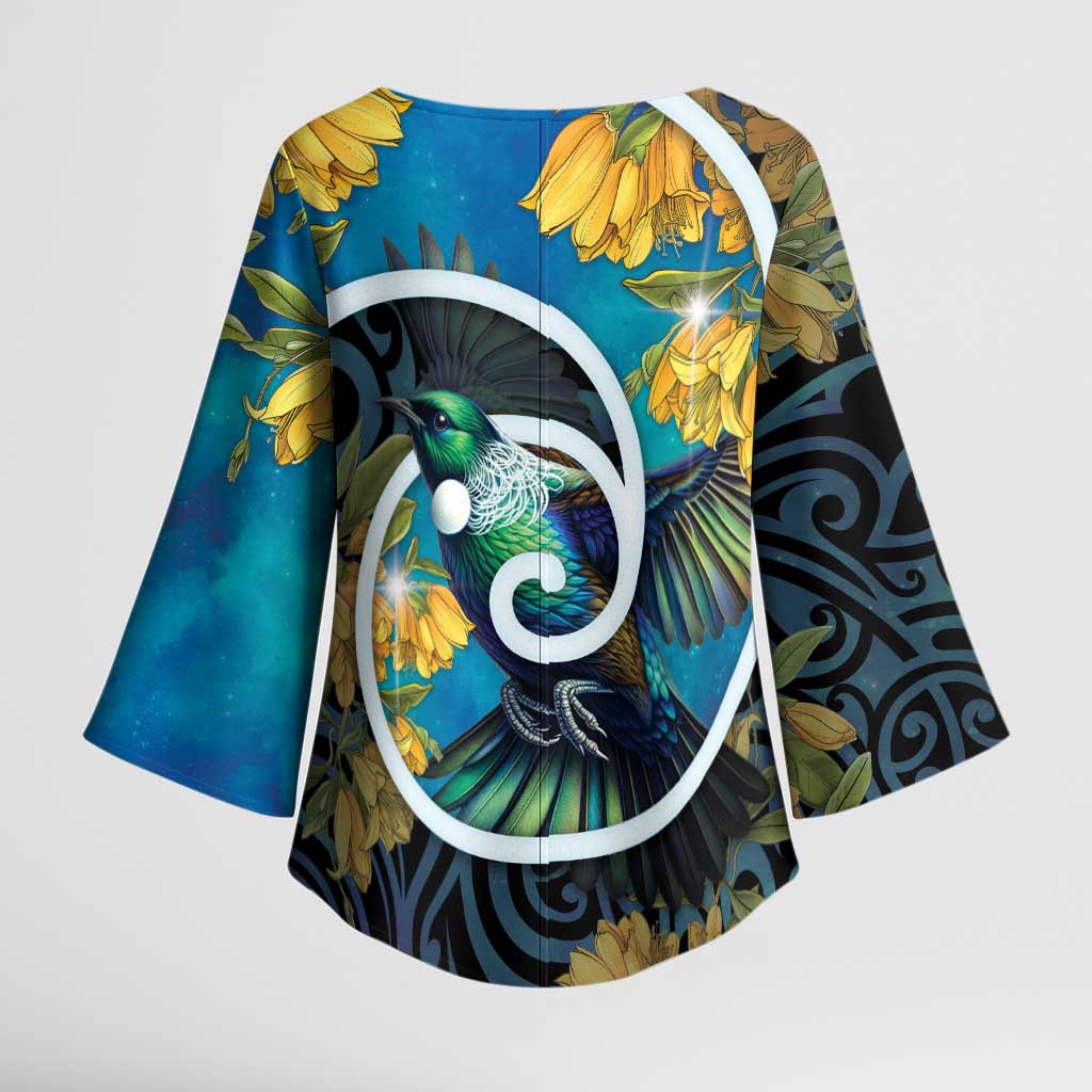 New Zealand Tui Bird Kimono Sleeve Blouse Maori Koru With Kowhai Flowers