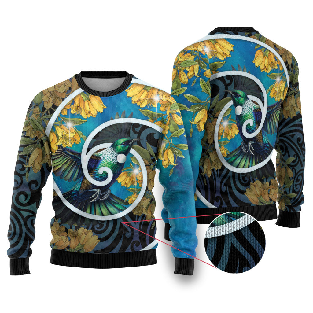 New Zealand Tui Bird Ugly Christmas Sweater Maori Koru With Kowhai Flowers