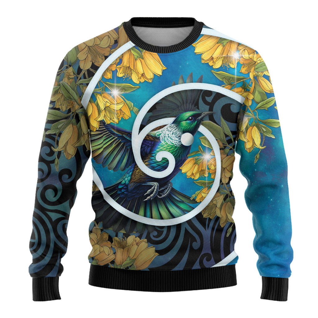 New Zealand Tui Bird Ugly Christmas Sweater Maori Koru With Kowhai Flowers