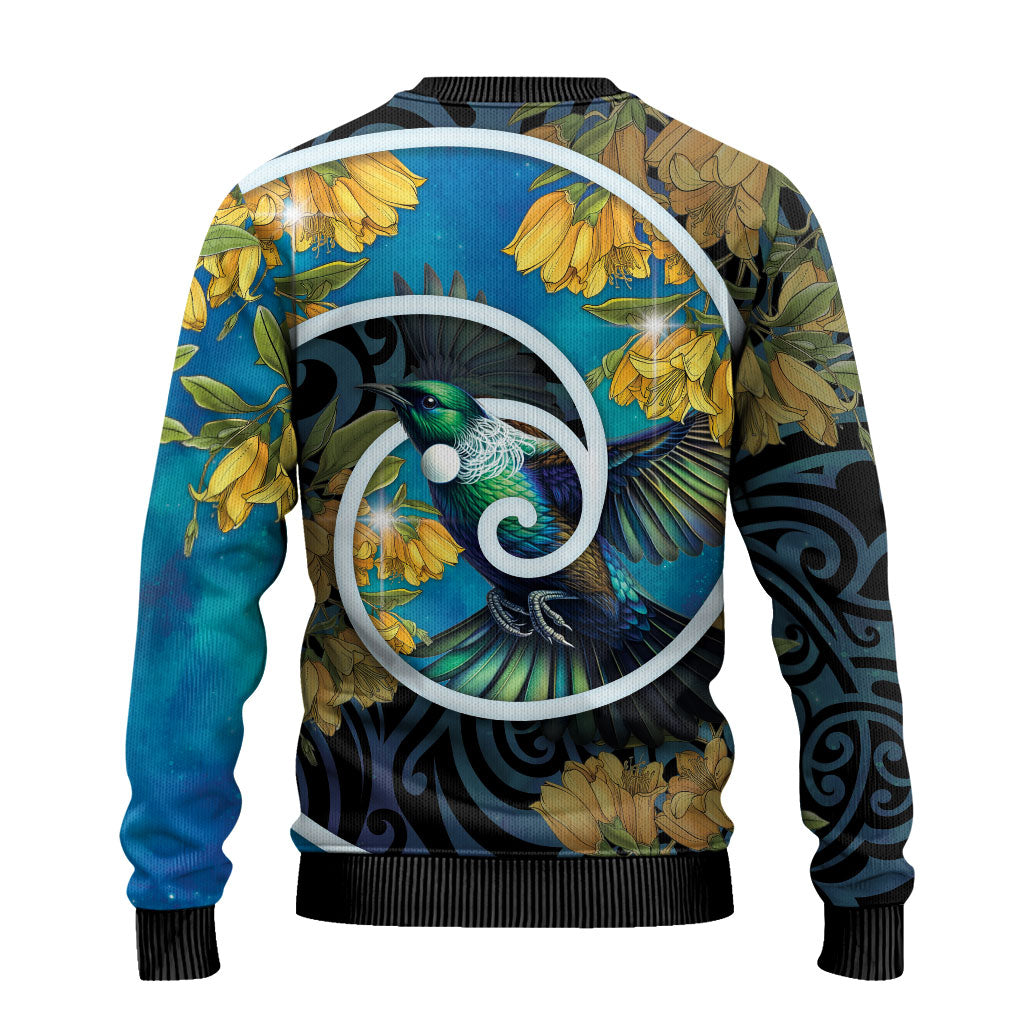 New Zealand Tui Bird Ugly Christmas Sweater Maori Koru With Kowhai Flowers