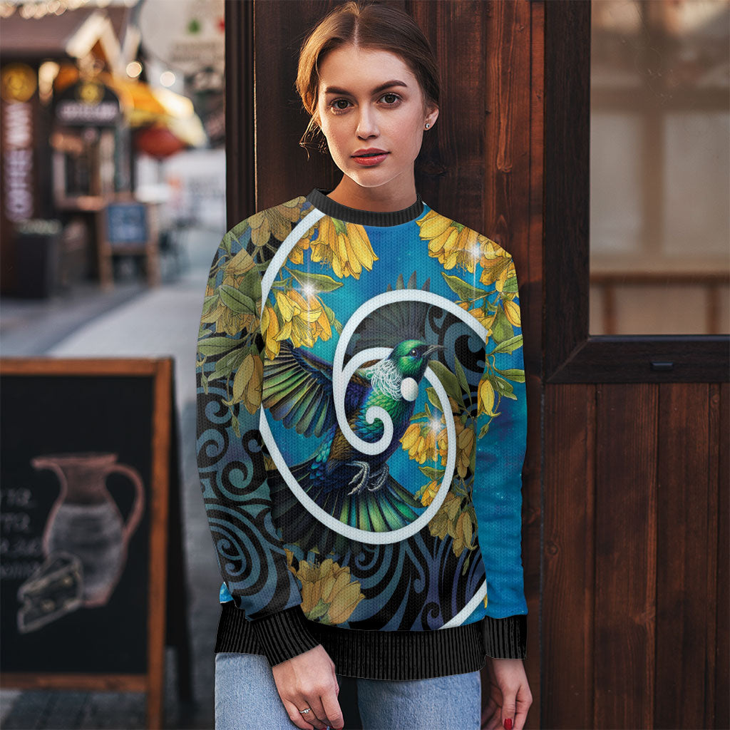 New Zealand Tui Bird Ugly Christmas Sweater Maori Koru With Kowhai Flowers