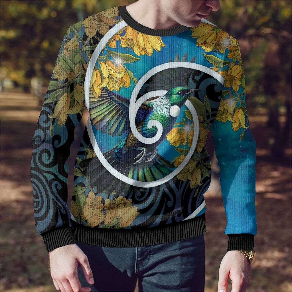 New Zealand Tui Bird Ugly Christmas Sweater Maori Koru With Kowhai Flowers