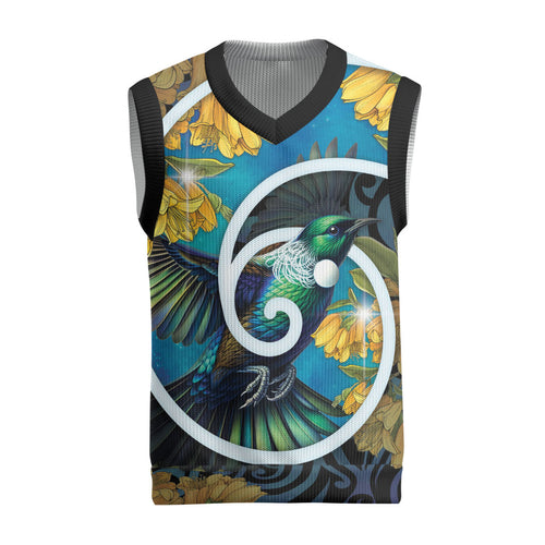 New Zealand Tui Bird Christmas Knitted V-Neck Vest Maori Koru With Kowhai Flowers