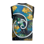 New Zealand Tui Bird Christmas Knitted V-Neck Vest Maori Koru With Kowhai Flowers