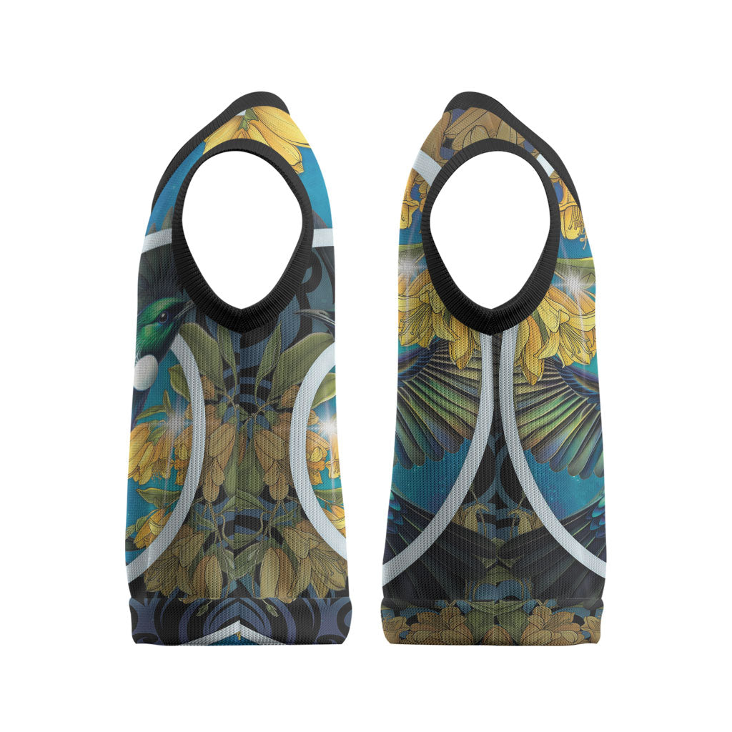 New Zealand Tui Bird Christmas Knitted V-Neck Vest Maori Koru With Kowhai Flowers