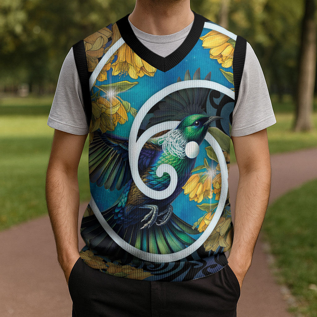 New Zealand Tui Bird Christmas Knitted V-Neck Vest Maori Koru With Kowhai Flowers