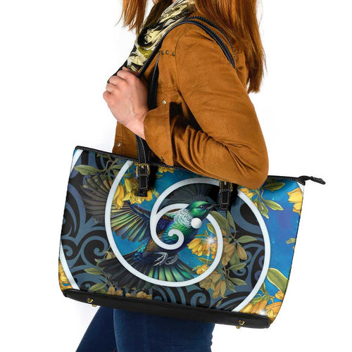 New Zealand Tui Bird Leather Tote Bag Maori Koru With Kowhai Flowers