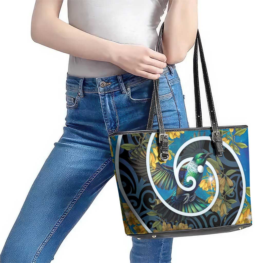 New Zealand Tui Bird Leather Tote Bag Maori Koru With Kowhai Flowers