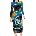 New Zealand Tui Bird Long Sleeve Bodycon Dress Maori Koru With Kowhai Flowers