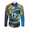 New Zealand Tui Bird Long Sleeve Button Shirt Maori Koru With Kowhai Flowers