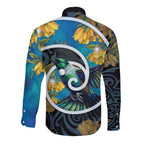 New Zealand Tui Bird Long Sleeve Button Shirt Maori Koru With Kowhai Flowers