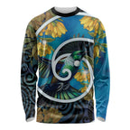 New Zealand Tui Bird Long Sleeve Shirt Maori Koru With Kowhai Flowers