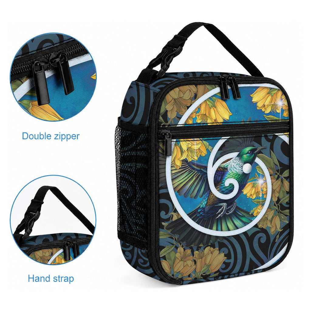 New Zealand Tui Bird Lunch Bag Maori Koru With Kowhai Flowers