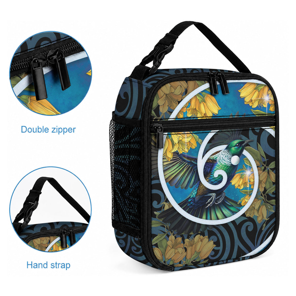 New Zealand Tui Bird Lunch Bag Maori Koru With Kowhai Flowers