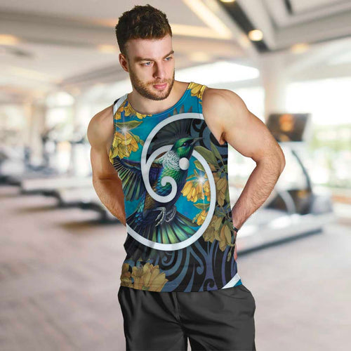New Zealand Tui Bird Men Tank Top Maori Koru With Kowhai Flowers