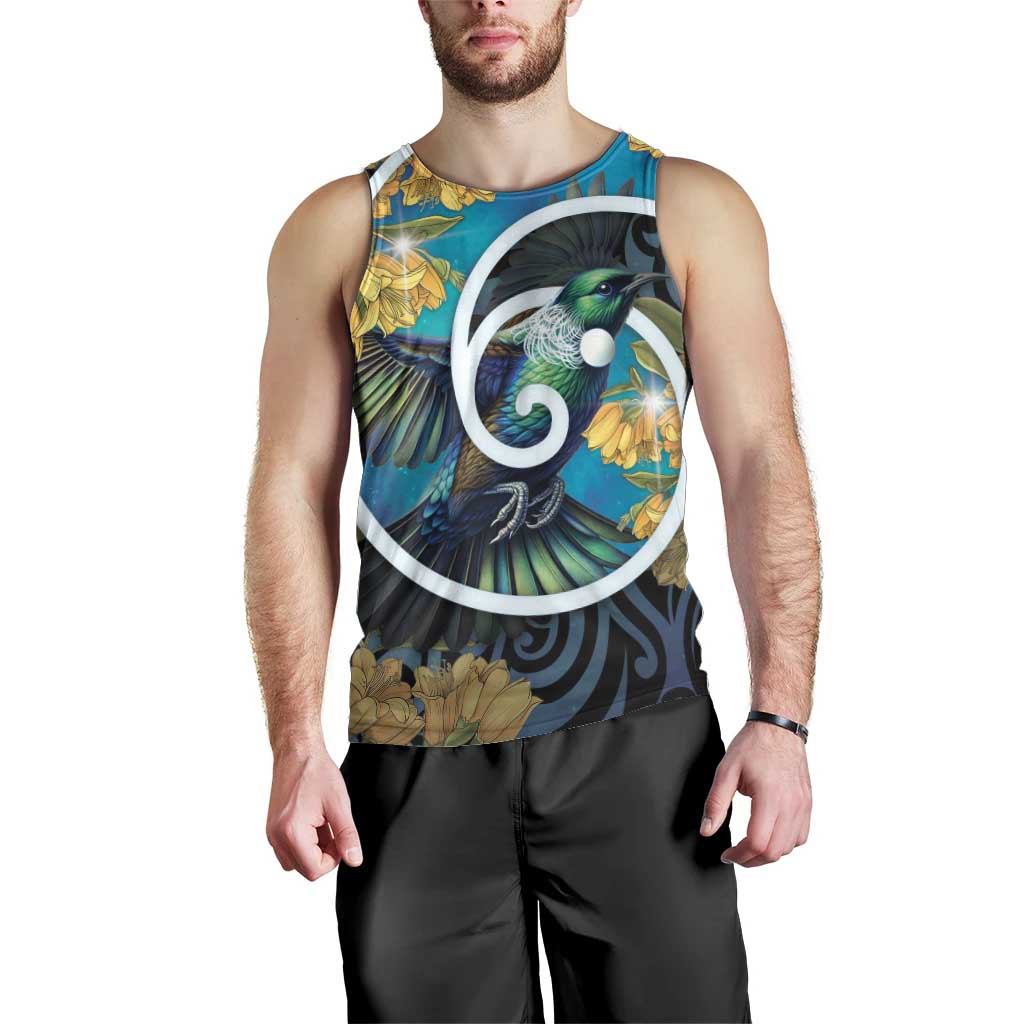 New Zealand Tui Bird Men Tank Top Maori Koru With Kowhai Flowers