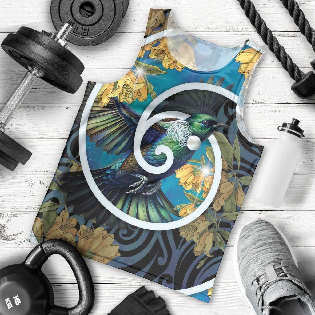 New Zealand Tui Bird Men Tank Top Maori Koru With Kowhai Flowers