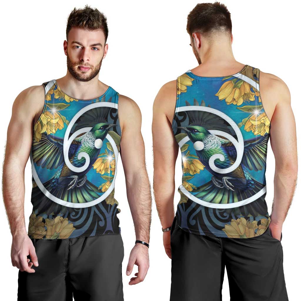 New Zealand Tui Bird Men Tank Top Maori Koru With Kowhai Flowers