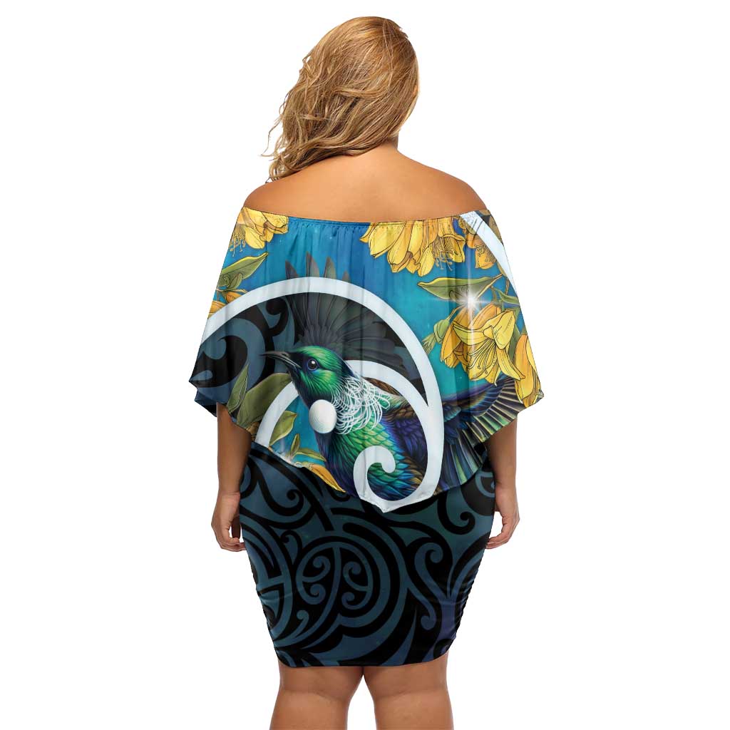 New Zealand Tui Bird Off Shoulder Short Dress Maori Koru With Kowhai Flowers