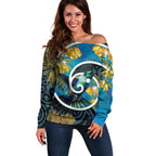 New Zealand Tui Bird Off Shoulder Sweater Maori Koru With Kowhai Flowers