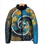 New Zealand Tui Bird Padded Jacket Maori Koru With Kowhai Flowers