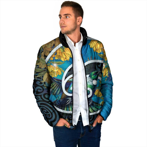 New Zealand Tui Bird Padded Jacket Maori Koru With Kowhai Flowers