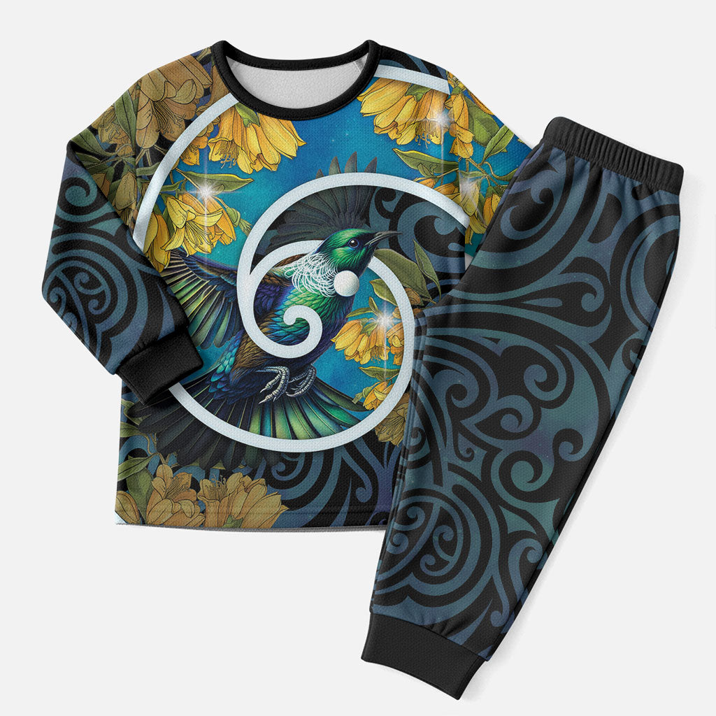 New Zealand Tui Bird Christmas Pajama Set Maori Koru With Kowhai Flowers
