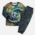 New Zealand Tui Bird Christmas Pajama Set Maori Koru With Kowhai Flowers