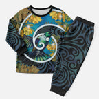 New Zealand Tui Bird Christmas Pajama Set Maori Koru With Kowhai Flowers