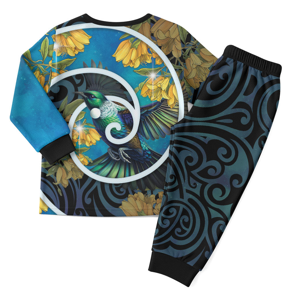 New Zealand Tui Bird Christmas Pajama Set Maori Koru With Kowhai Flowers