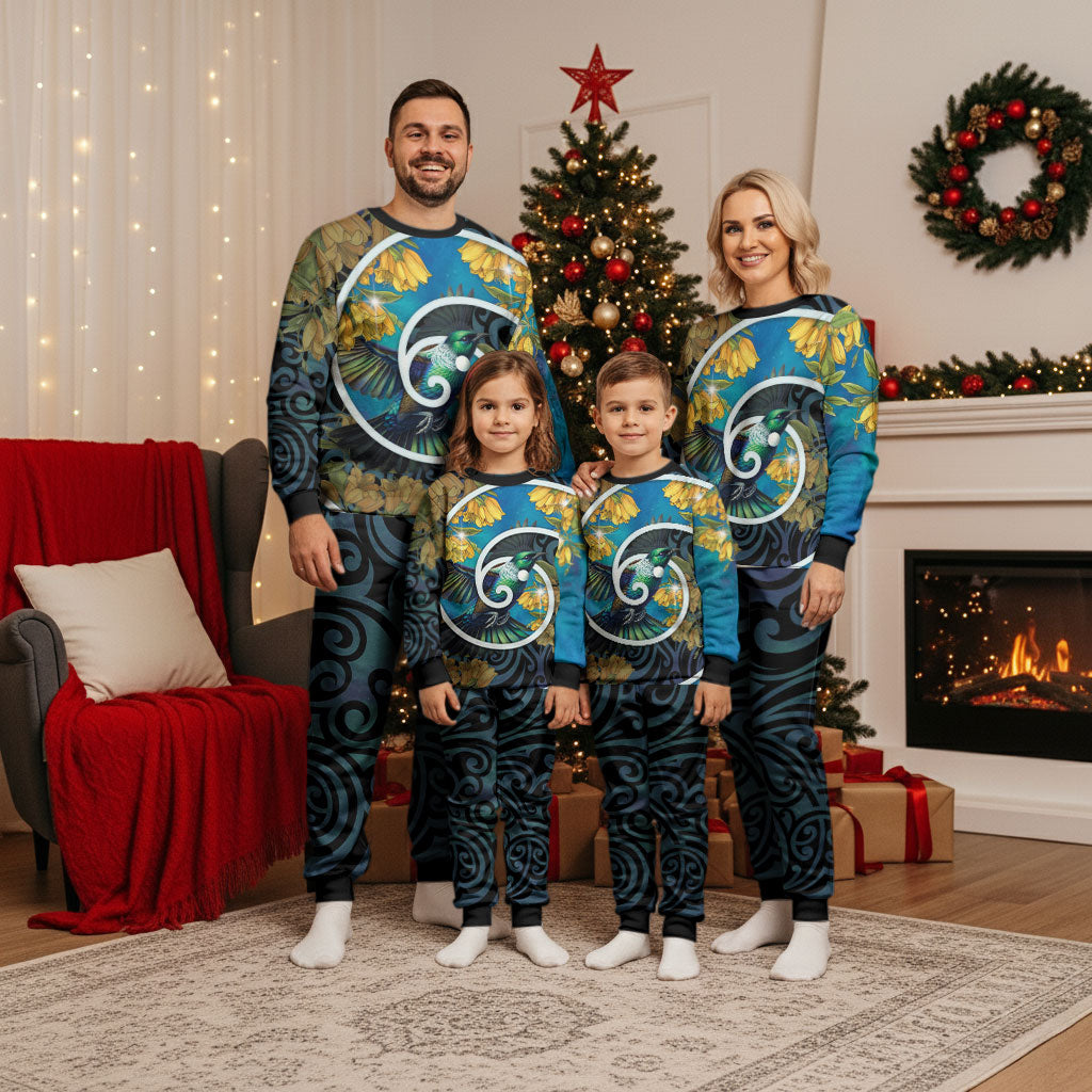 New Zealand Tui Bird Christmas Pajama Set Maori Koru With Kowhai Flowers