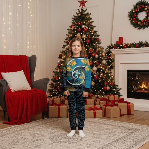 New Zealand Tui Bird Christmas Pajama Set Maori Koru With Kowhai Flowers