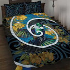 New Zealand Tui Bird Quilt Bed Set Maori Koru With Kowhai Flowers