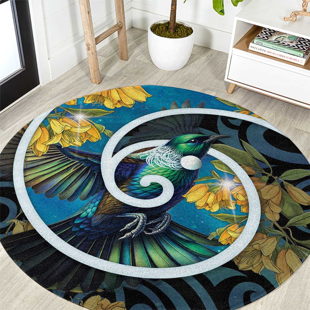 New Zealand Tui Bird Round Carpet Maori Koru With Kowhai Flowers