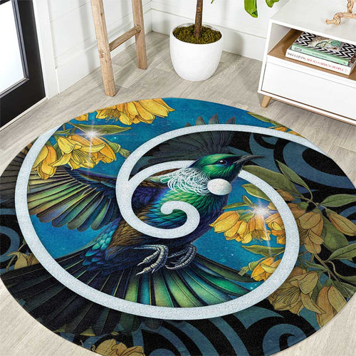 New Zealand Tui Bird Round Carpet Maori Koru With Kowhai Flowers