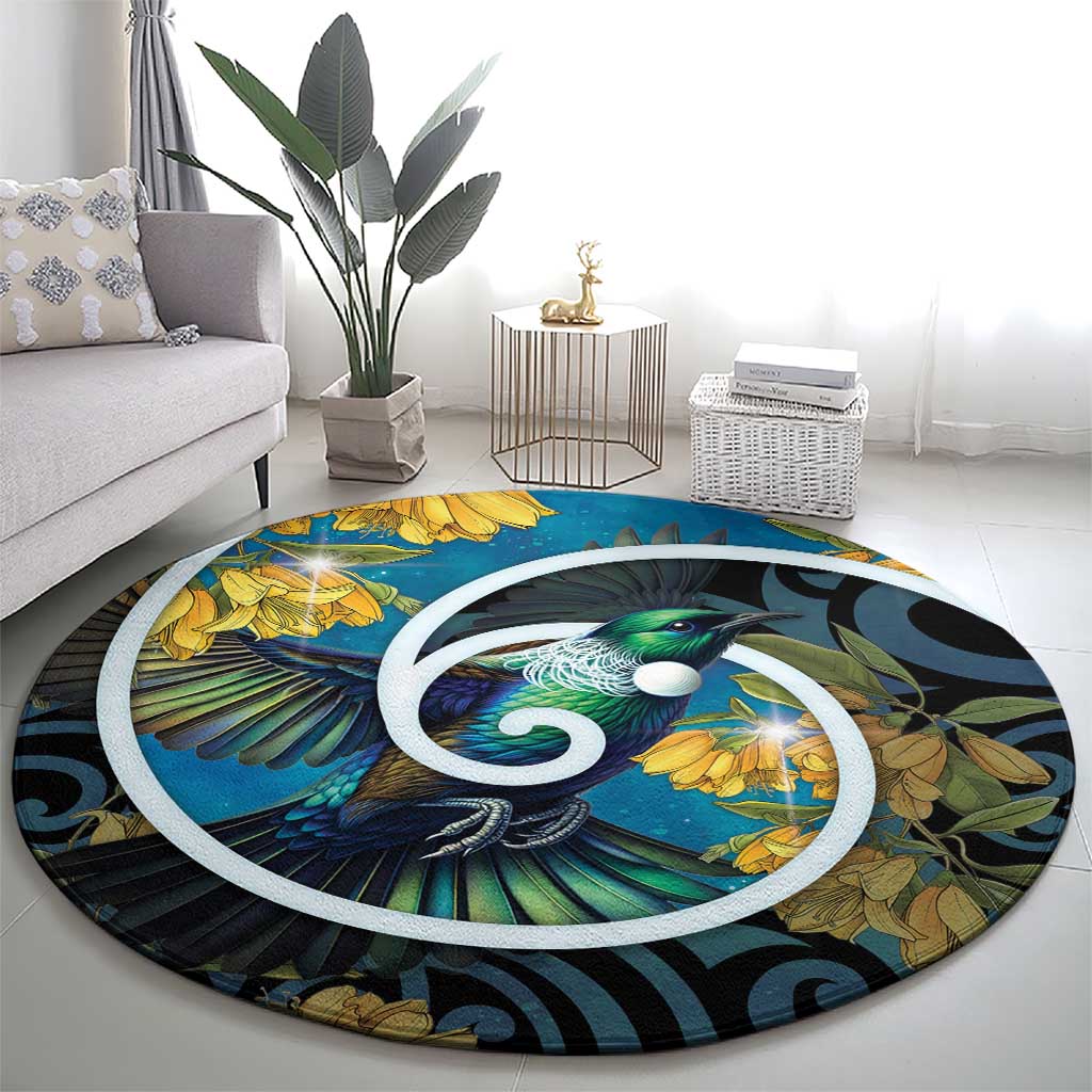 New Zealand Tui Bird Round Carpet Maori Koru With Kowhai Flowers