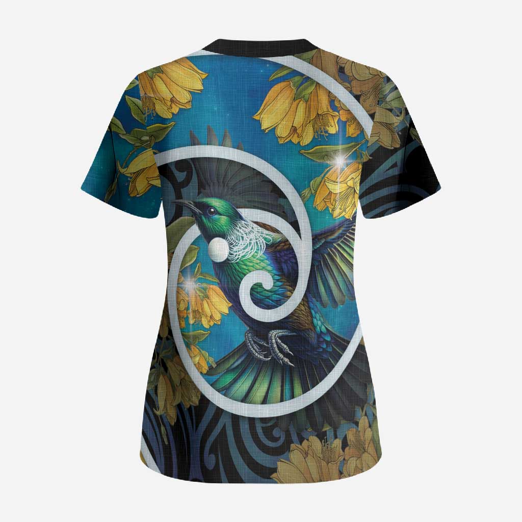 New Zealand Tui Bird Scrub Top Maori Koru With Kowhai Flowers